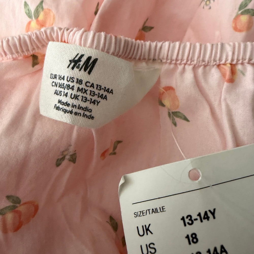 HM Girls Pink Peach Print Puff Sleeve Cotton Dress Size 18 Smocked Waist - Picture 4 of 8